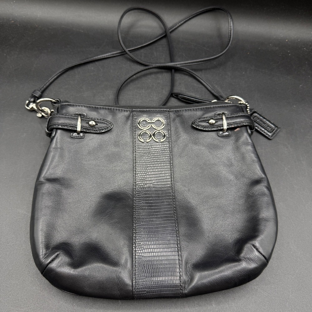 Coach Black Leather Crossbody Bag Colette Lizard Emboss Accent‎ Silver Hardware